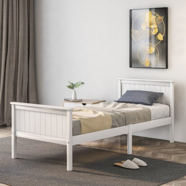 Wood Bed Frame with Rectangular Headboard and Footboard, Single Bed with Ecofriendly Finish for Kids or Guest Room, 199x96x82 cm, White Aosom.UK