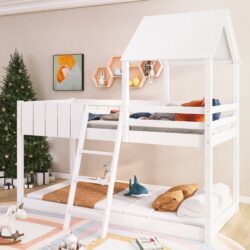Wooden Mid Sleeper Beds with Treehouse Canopy, Ladder and Guard Rail, Bunk Beds for Kids with Space-Saving Design, 197.5x97x196 cm, White Aosom.UK