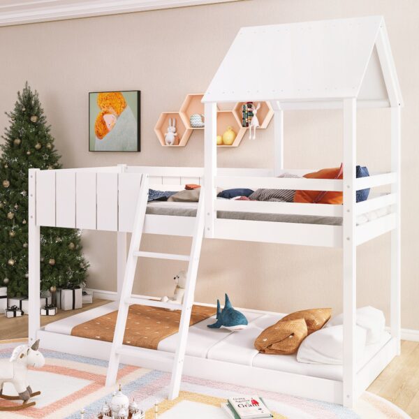 Wooden Mid Sleeper Beds with Treehouse Canopy, Ladder and Guard Rail, Bunk Beds for Kids with Space-Saving Design, 197.5x97x196 cm, White Aosom.UK