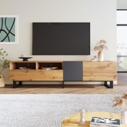 Wooden TV Unit with Storage Compartments and Grain Finish, Media Unit with Shelf for Living Room, Bedroom, 180L x 50W x 38H cm, Natural Aosom.UK