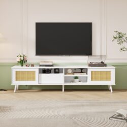 Wooden TV Units with 3 Open Storage Spaces and Cable Management Fit 90-inch TVs, Oak Finish TV Stand for Living Room, 200x40x49cm, Oak Aosom.UK