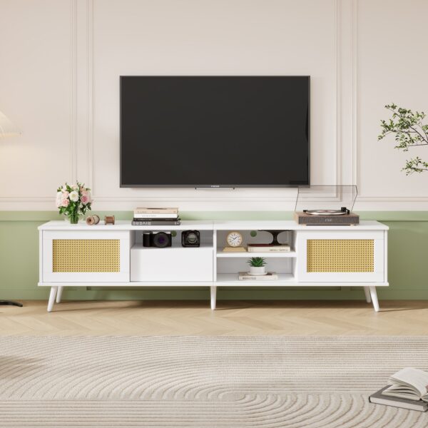 Wooden TV Units with 3 Open Storage Spaces and Cable Management Fit 90-inch TVs, Oak Finish TV Stand for Living Room, 200x40x49cm, Oak Aosom.UK