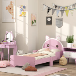 ZONEKIZ Bed for Kids Cat Design Toddler Bed Frame Bedroom Furniture with Guardrails, for 3-6 Years, 143L x 74W x 72Hcm - Pink Aosom UK