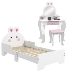 ZONEKIZ Kids Bedroom Furniture Set, Wooden with Dressing Table, Stool, Bed, Bunny-Design, for 3-6 Years Aosom UK