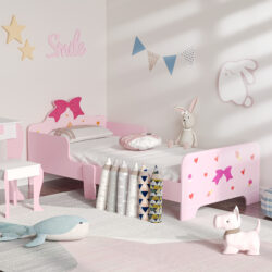ZONEKIZ Princess-Themed Toddler Bed with Safety Side Rails and Slats, Cute Patterns, Kids Bedroom Furniture, Pink, 143 x 74 x 59 cm Aosom UK