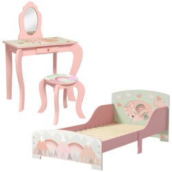 ZONEKIZ Toddler Bed Frame, Kids Dressing Table with Mirror and Stool, Cute Animal Design Kids Furniture Set for Ages 3-6, Pink Aosom UK