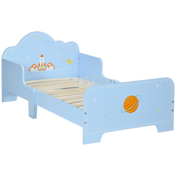 ZONEKIZ Toddler Bed with Rocket & Plants Patterns, Kids Bedroom Furniture, Safety Side Rails, Blue Aosom UK