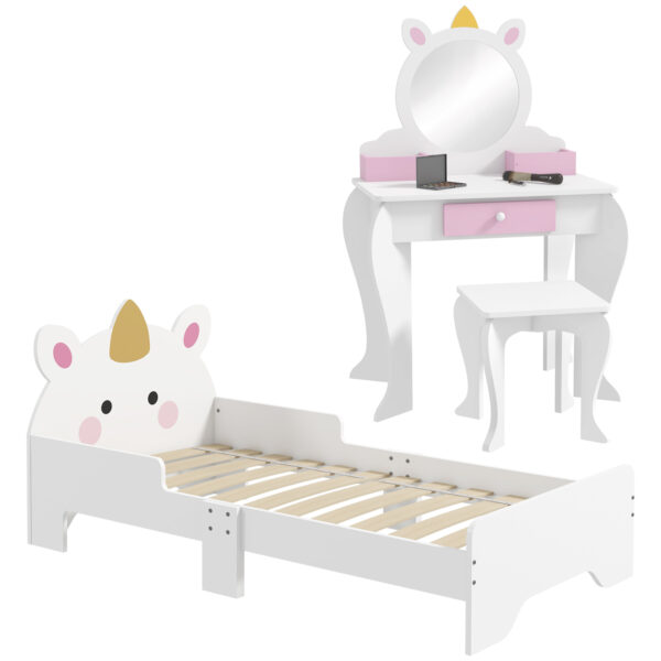 ZONEKIZ Unicorn Themed Children's Bedroom Set with Dressing Table, Mirror, Stool, and Toddler Bed Frame, 3-6 Years, Multicolour Aosom UK