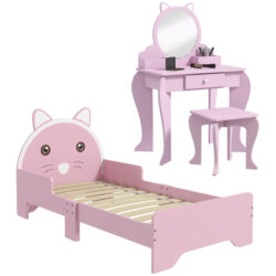 ZONEKIZ Wooden Children's Bedroom Set with Dressing Table, Stool, Bed, Cat Motif for Ages 3-6, Multicolour Aosom UK