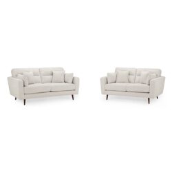 Zurich Fabric 3+2 Seater Sofa Set In Beige With Brown Wooden Legs