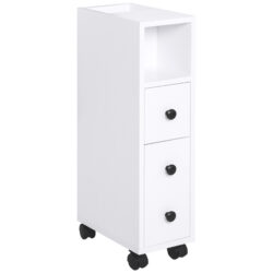 kleankin Slimline Bathroom Storage Unit w/ 2 Drawers 2 Open Compartments Wheels Handles Freestanding Compact Home Office Furniture White Aosom UK