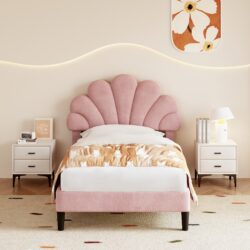3FT Velvet Upholstered Single Bed Frame with Adjustable Petal Headboard, No Box Spring Needed, Easy Assembly, 194L x 107W x 107H cm, Pink Aosom.UK