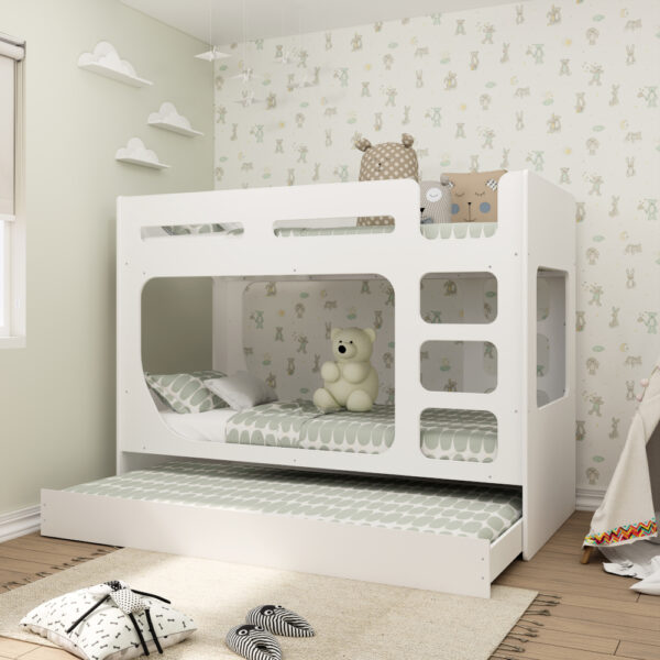 Ashley - Single - Pod Style Bunk Bed with Trundle - White - Wooden - 3ft