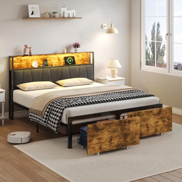 Double Bed Frame with Storage Drawers, RGB LED Headboard, Charging Station, Perfect for Bedroom, 205L x 136W x 116H cm, Black + Dark Walnut Aosom.UK