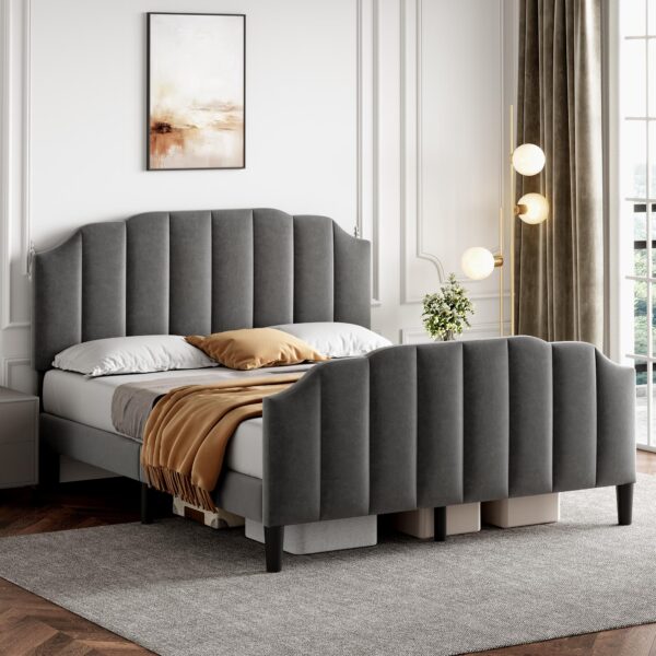 Double Upholstered Bed Frame with Adjustable Channel-Tufted Headboard, Perfect for Modern Bedroom, 198L x 141.5W x 111.5H cm, Grey Aosom.UK