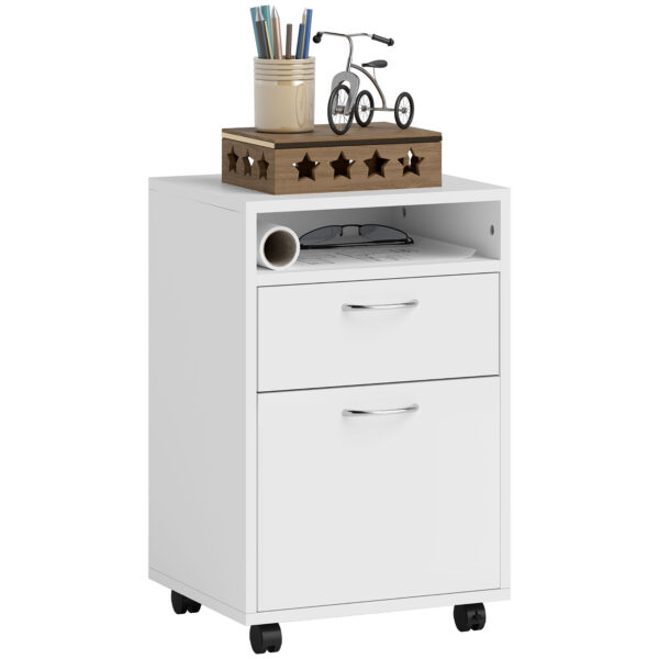 HOMCOM 60cm Storage Cabinet w/ Drawer Open Shelf Metal Handles 4 Wheels Office Home Organiser Mobile Printer White Aosom UK