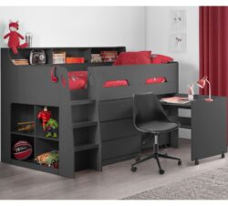 Jupiter - Single - Kids Mid Sleeper Bed - Cabin Bed - Desk and Storage - Dark Grey - 3ft - Happy Beds