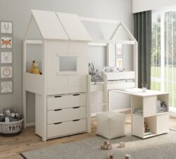 Midi - Euro Single - Playhouse Kids Bed with a Desk and Chest of Drawers- White - Wooden - 3ft - Happy Beds
