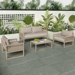 Modern Hand-Woven Sofa Set with Glass Coffee Table, Thick Cushions, Outdoor Garden Lounge Set for 4 People, 126L x 65W x 72H cm, Khaki Aosom.UK