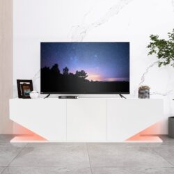 Modern LED TV High Gloss Entertainment Cabinet with 3 Cabinets and 2 Open Shelves, Unit for Up to 65-inch TV, 140x30x38.2 cm, White Aosom UK