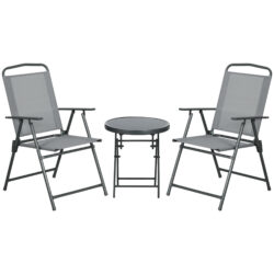Outsunny 3 Pcs Garden Table and Chairs, Outdoor Bistro Set, Patio Conversation Furniture Set w/ Foldable Armchairs, Glass Top Coffee Table, Light Grey