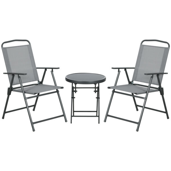 Outsunny 3 Pcs Garden Table and Chairs, Outdoor Bistro Set, Patio Conversation Furniture Set w/ Foldable Armchairs, Glass Top Coffee Table, Light Grey
