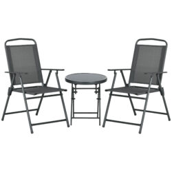 Outsunny 3 Pcs Garden Table and Chairs, Outdoor Bistro Set, Patio Conversation Furniture Set w/ Foldable Armchairs & Glass Top Coffee Table, Dark Grey