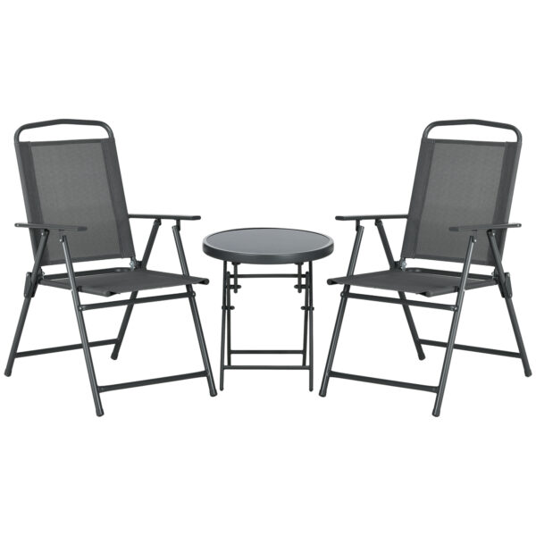 Outsunny 3 Pcs Garden Table and Chairs, Outdoor Bistro Set, Patio Conversation Furniture Set w/ Foldable Armchairs & Glass Top Coffee Table, Dark Grey