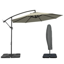 Outsunny 3(m) Garden Banana Parasol Cantilever Umbrella with Crank Handle, Cross Base, Weights and Cover for Outdoor, Hanging Sun Shade, Light Grey