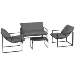 Outsunny 4 Piece Garden Sofa Set 2 Single Armchair, Loveseat and Coffee Table Set Steel Frame Patio Furniture with Thick Cushions, Grey