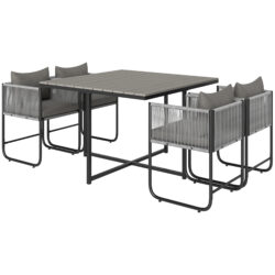 Outsunny 4 Seater Rattan Cube Garden Furniture Set, Rattan Dining Set with Cushions, Outdoor Dining Table and Chairs with Rectangular Wood Grain Plastic Top Table for Patio, Balcony, Grey