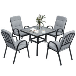 Outsunny 5 Pieces Garden Dining Set, Outdoor Square Dining Table and 4 Cushioned Armchairs, Tempered Glass Top Table w/ Umbrella Hole Black Aosom UK