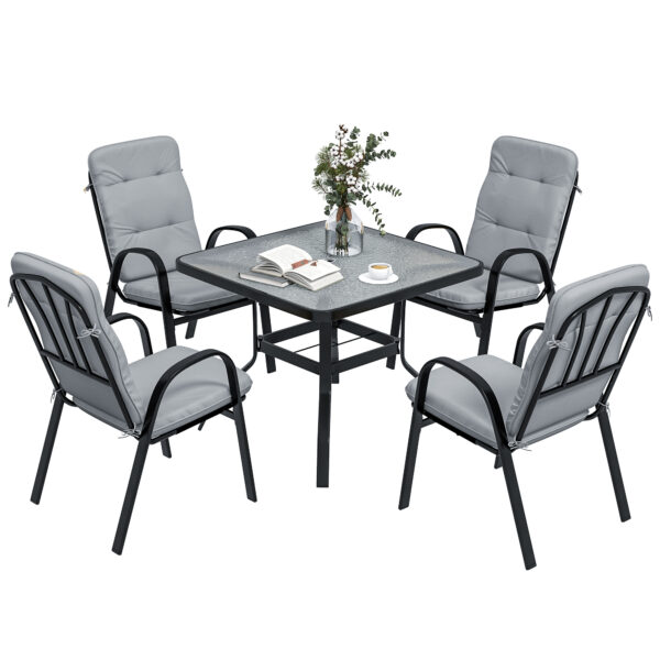 Outsunny 5 Pieces Garden Dining Set, Outdoor Square Dining Table and 4 Cushioned Armchairs, Tempered Glass Top Table w/ Umbrella Hole Black Aosom UK
