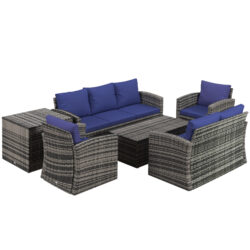 Outsunny 6 Pieces Rattan Garden Furniture Set, 7 Seater Wicker Outdoor Furniture Set with Storage Tea Table, Side Table, Cushions, Navy Blue