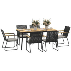 Outsunny 6 Seater Garden Dining Set with Soft Cushions, Rattan Backrest, Rectangular Plastic Top, Garden Furniture Set, Outdoor Dining Table and Chairs for Patio, Balcony, Poolside, Nature Wood Finish