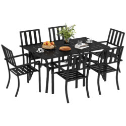 Outsunny 7-Piece Garden Dining Set: 6 Seater Table & Chairs with Parasol Hole for Patio or Poolside, Black