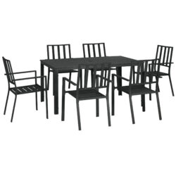 Outsunny 7 Pieces Garden Dining Set, Outdoor Table and 6 Stackable Chairs, Metal Top Table with Umbrella Hole, Black
