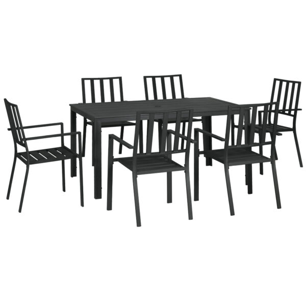 Outsunny 7 Pieces Garden Dining Set, Outdoor Table and 6 Stackable Chairs, Metal Top Table with Umbrella Hole, Black