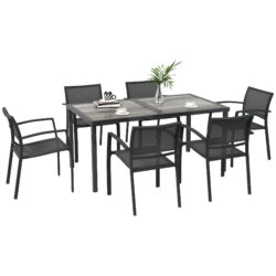 Outsunny 7 Pieces Garden Dining Set, Stackable Chairs, Outdoor Patio Dining Set, 6 Seater Outdoor Table and Chairs w/ Breathable Mesh Seat Aosom UK