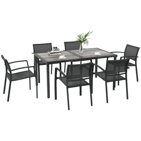 Outsunny 7 Pieces Garden Dining Set, Stackable Chairs, Outdoor Patio Dining Set, 6 Seater Outdoor Table and Chairs w/ Breathable Mesh Seat Aosom UK
