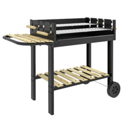 Outsunny Charcoal BBQ Grill, Barbecue Trolley with Double Adjustable Grill, Side Table, Storage Shelf and Wheels for Outdoor Garden Party Cooking, Black