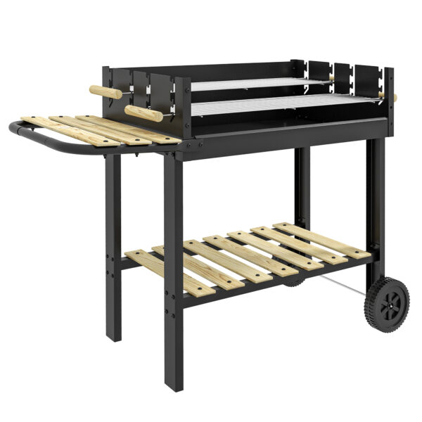 Outsunny Charcoal BBQ Grill, Barbecue Trolley with Double Adjustable Grill, Side Table, Storage Shelf and Wheels for Outdoor Garden Party Cooking, Black