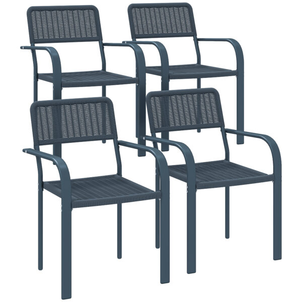 Outsunny Garden Chairs Set of 4, Stackable Rattan Effect Dining Chairs with Armrest, Weather Resistant and Lightweight Outdoor Furniture Armchairs for Patio, Balcony, Terrace, Dark Grey