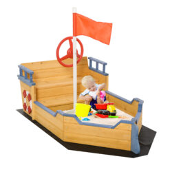 Outsunny Kids Wooden Sandpit Children Sandbox Pirate Ship Sandboat Outdoor Backyard Playset Play Station w/ Bench Bottom Liner Aosom UK