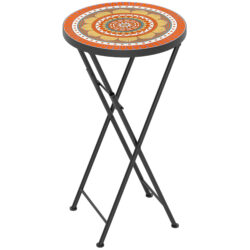 Outsunny Mosaic Outdoor Garden Table, 35.5cm Round Folding Coffee Table with Metal Frame for Balcony Terrace, Orange Aosom UK