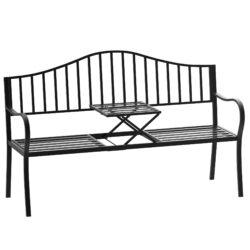 Outsunny Outdoor Metal Frame Bench Patio Park Garden Seating Chair with Foldable Middle Table Aosom UK