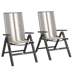 Outsunny Outdoor Rattan Folding Chair with 5-Position Adjustable Backrest, Wicker Garden Dining Chair with Wide Armrest, Set of 2 for Patio, Terrace, Balcony, Black