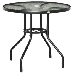 Outsunny Outdoor Round Dining Table Tempered Glass Top Steel Garden Table w/ Parasol Hole 80cm Aosom UK