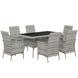 Outsunny Rattan Garden Furniture Set, 6 Seater Outdoor Dining Table and Chairs with Cushions, 150 x 90cm Rectangular Tempered Glass Table, 6 Armchairs, for Terrace, Conservatory, Balcony, Mixed-Grey