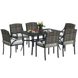 Outsunny Rattan Garden Furniture Set with Cushions, 6 Seater Rattan Dining Set with 6 Armchairs, 150 x 96cm Rectangular Table, Umbrella Hole, for Outdoor, Patio, Balcony, Terrace, Conservatory